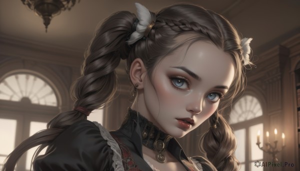 1girl,solo,long hair,looking at viewer,blue eyes,brown hair,hair ornament,twintails,jewelry,braid,earrings,parted lips,choker,indoors,necklace,blurry,twin braids,collar,lips,maid,eyelashes,window,makeup,blurry background,lipstick,portrait,forehead,red lips,candle,mascara,gothic,church,candlestand,chandelier,flower,puffy sleeves,hair flower,backlighting,realistic,nose,hair tie