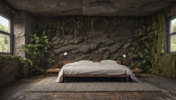 day,indoors,tree,pillow,no humans,window,bed,sunlight,plant,scenery,wooden floor,blanket,potted plant,wall,bedroom,ruins,moss,overgrown,bed sheet,table,lamp,ceiling light