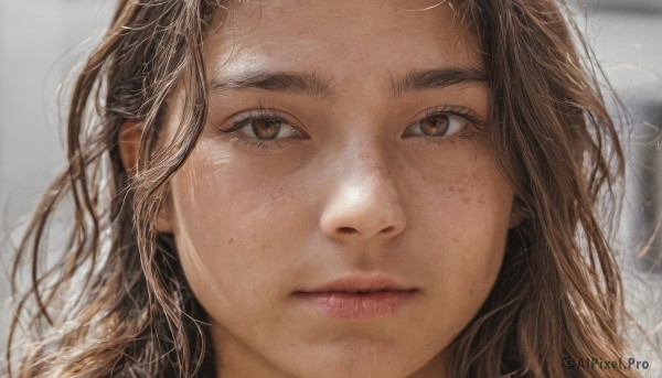 1girl, solo, long hair, looking at viewer, brown hair, brown eyes, closed mouth, mole, blurry, lips, eyelashes, blurry background, thick eyebrows, portrait, mole under mouth, close-up, freckles, realistic, mole on cheek