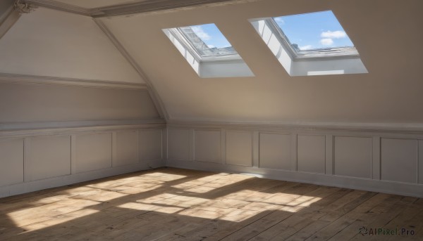 outdoors,sky,day,cloud,indoors,blue sky,no humans,window,shadow,sunlight,building,scenery,wooden floor,door,school,floor,hallway,cloudy sky,shade,wall