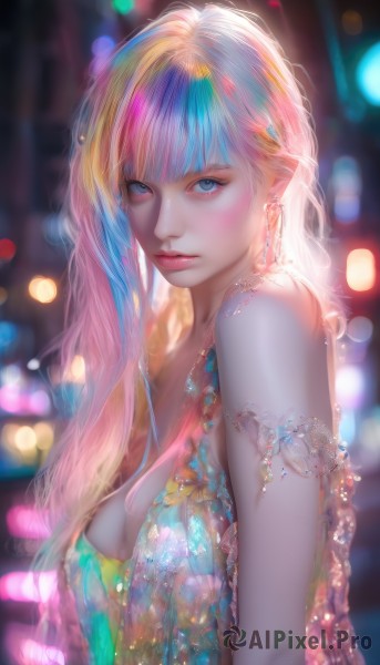 1girl,solo,long hair,breasts,looking at viewer,bangs,blue eyes,blonde hair,dress,cleavage,bare shoulders,jewelry,medium breasts,closed mouth,blue hair,upper body,pink hair,multicolored hair,earrings,sleeveless,artist name,blunt bangs,blurry,from side,lips,streaked hair,eyelashes,makeup,sleeveless dress,depth of field,blurry background,watermark,gem,armlet,realistic,nose,bokeh,colorful,mascara,rainbow hair,necklace,expressionless,piercing,multicolored clothes,lens flare,pink lips