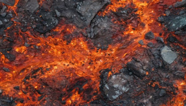 outdoors,no humans,from above,traditional media,fire,scenery,rock,debris,orange theme,burning,stone,destruction,rubble,molten rock,cracked floor