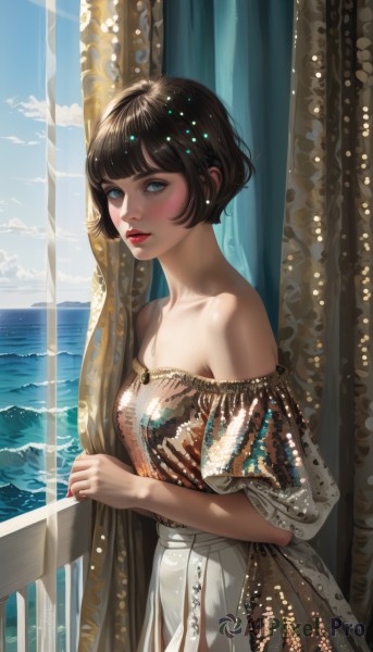 1girl,solo,breasts,looking at viewer,blush,short hair,bangs,blue eyes,brown hair,black hair,dress,bare shoulders,jewelry,standing,collarbone,short sleeves,cowboy shot,earrings,outdoors,parted lips,sky,day,cloud,blunt bangs,water,off shoulder,nail polish,from side,blue sky,lips,eyelashes,window,makeup,ocean,beach,sunlight,bob cut,lipstick,curtains,red nails,nose,off-shoulder dress,railing,horizon,off-shoulder shirt,red lips,balcony,small breasts,realistic,waves