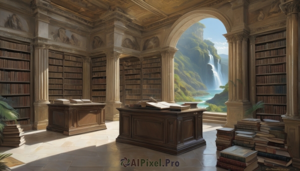 outdoors,sky,day,indoors,water,tree,book,no humans,window,sunlight,plant,scenery,bookshelf,potted plant,pillar,book stack,waterfall,library,column,cloud,blue sky,reflection,light rays,mountain,fantasy,statue,landscape,reflective floor