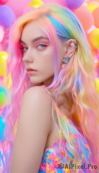 1girl,solo,long hair,looking at viewer,blue eyes,blonde hair,bare shoulders,jewelry,closed mouth,blue hair,upper body,pink hair,multicolored hair,earrings,sleeveless,looking back,from side,lips,streaked hair,grey eyes,eyelashes,makeup,piercing,ear piercing,multicolored clothes,eyeshadow,realistic,nose,eyeliner,balloon,colorful,mascara,rainbow gradient,multicolored shirt,rainbow hair,parted lips,wings,artist name,parted bangs,looking to the side,gradient hair,wavy hair,pink background,lipstick,gem,pink lips,multicolored background