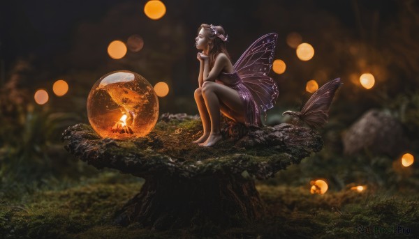 1girl,solo,long hair,brown hair,hair ornament,dress,bare shoulders,sitting,flower,outdoors,wings,barefoot,blurry,from side,tree,bare legs,strapless,night,depth of field,grass,bug,butterfly,nature,scenery,strapless dress,purple dress,forest,head rest,minigirl,rock,fairy wings,fairy,butterfly wings,tree stump,short hair,multiple girls,black hair,2girls,hair bun,blurry background,realistic,wide shot,orb