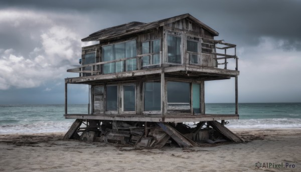 outdoors,sky,day,cloud,water,no humans,window,ocean,beach,cloudy sky,building,scenery,sand,horizon,watercraft,waves,shore,grey sky,door,ruins