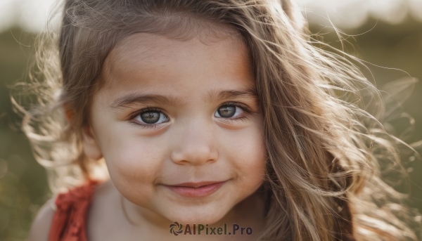 1girl,solo,long hair,looking at viewer,smile,blue eyes,blonde hair,brown hair,closed mouth,blurry,lips,grey eyes,depth of field,blurry background,portrait,close-up,forehead,realistic,brown eyes,eyelashes