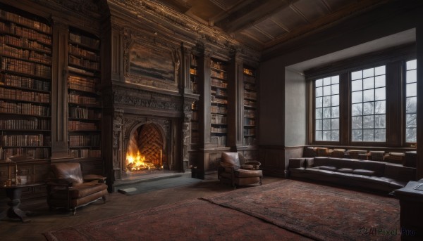 day,indoors,book,no humans,window,chair,table,sunlight,fire,curtains,scenery,couch,wooden floor,stairs,bookshelf,lamp,candle,architecture,book stack,carpet,candlestand,rug,cabinet,fireplace,tree,snow,desk,fantasy,winter,bare tree,armchair