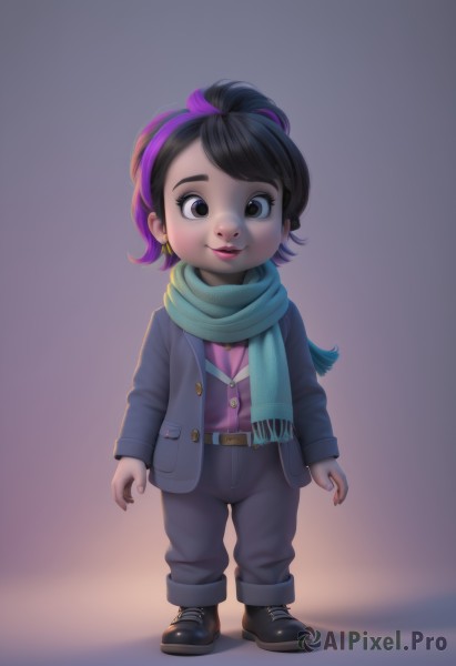 1girl,solo,looking at viewer,smile,short hair,brown hair,shirt,black hair,long sleeves,brown eyes,jewelry,closed mouth,standing,jacket,full body,ponytail,purple hair,multicolored hair,earrings,open clothes,shoes,belt,pants,artist name,scarf,black footwear,black eyes,vest,two-tone hair,open jacket,lips,streaked hair,makeup,buttons,shadow,lipstick,child,female child,blue scarf,boots,necklace,chibi