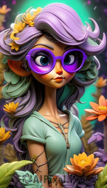 1girl,solo,long hair,breasts,looking at viewer,bangs,blue eyes,shirt,hair ornament,jewelry,closed mouth,collarbone,upper body,purple hair,flower,short sleeves,small breasts,glasses,pointy ears,artist name,signature,hair flower,dark skin,necklace,mole,blurry,dark-skinned female,lips,eyelashes,makeup,blurry background,swept bangs,leaf,watermark,sunglasses,lipstick,mole under mouth,web address,eyeshadow,freckles,yellow flower,nose,round eyewear,green shirt,purple flower,tinted eyewear,purple lips,orange flower,mole above mouth,purple-framed eyewear,purple-tinted eyewear,plant,green dress