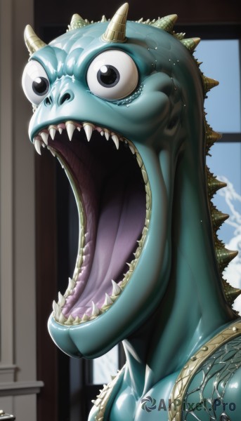 solo,open mouth,horns,sky,teeth,day,tongue,artist name,cloud,indoors,signature,black eyes,no humans,colored skin,fangs,sharp teeth,monster,blue skin,scales,alien,collarbone,shiny,shiny skin,pokemon (creature),meme,realistic,long neck