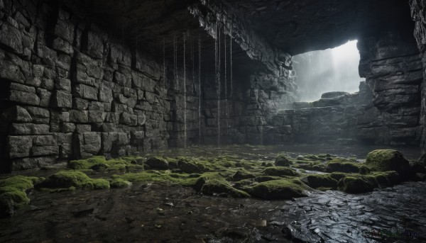 outdoors,sky,day,cloud,water,no humans,sunlight,grass,building,scenery,light rays,rock,sunbeam,ruins,pillar,moss,rubble,overgrown,post-apocalypse,waterfall,landscape,cliff,cave