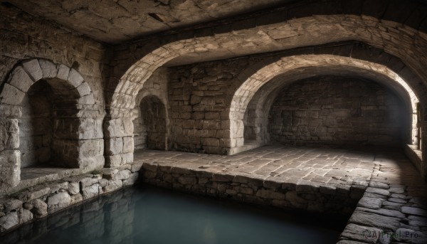 indoors,water,no humans,window,sunlight,scenery,stairs,wall,architecture,ruins,bridge,pillar,arch,column,outdoors,plant,reflection,light rays,rock,stone,stone floor,stone wall