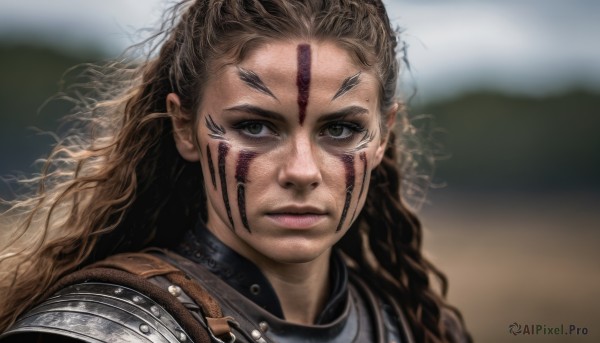 1girl,solo,long hair,looking at viewer,brown hair,brown eyes,closed mouth,outdoors,armor,blurry,lips,blurry background,wavy hair,facial mark,shoulder armor,portrait,curly hair,pauldrons,realistic,nose,facepaint,facial tattoo,green eyes,upper body,depth of field,messy hair,forehead,serious