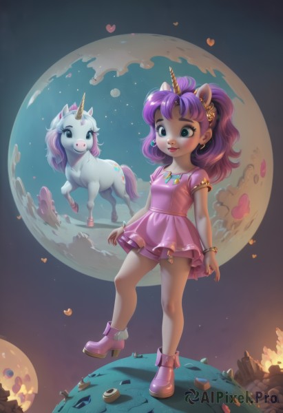 1girl,solo,long hair,smile,blue eyes,hair ornament,dress,animal ears,jewelry,closed mouth,standing,full body,ponytail,purple hair,short sleeves,heart,earrings,boots,horns,sky,shoes,artist name,signature,necklace,high heels,bracelet,lips,makeup,short dress,moon,horse ears,fire,gem,child,star (sky),pink dress,purple dress,single horn,personification,pink skirt,female child,ankle boots,space,purple footwear,planet,horse,heart print,unicorn,breasts,blush,bangs,bow,small breasts,night,looking down,night sky,full moon,high heel boots,pink footwear,bangle