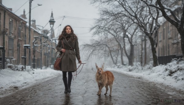 1girl, solo, long hair, brown hair, long sleeves, holding, standing, boots, outdoors, bag, black footwear, tree, coat, animal, building, snow, walking, shoulder bag, realistic, leash, road, house, winter, lamppost, bare tree, street