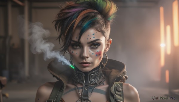 1girl,solo,looking at viewer,short hair,brown hair,black hair,bare shoulders,brown eyes,jewelry,upper body,ponytail,multicolored hair,earrings,green hair,solo focus,dark skin,hair bun,blurry,vest,two-tone hair,dark-skinned female,lips,streaked hair,tattoo,makeup,blurry background,piercing,portrait,eyeshadow,smoke,science fiction,cigarette,nose,smoking,undercut,cyborg,cyberpunk,eyebrow cut,hoop earrings,realistic,facepaint,strap,dirty,harness,mohawk