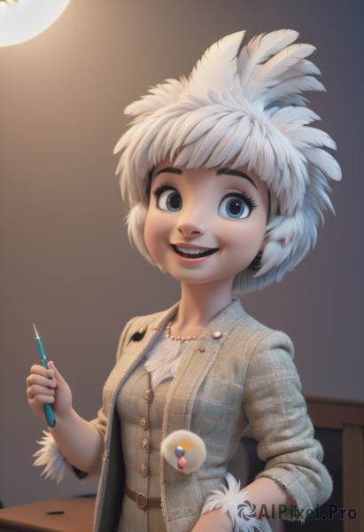 1girl,solo,breasts,looking at viewer,smile,short hair,open mouth,bangs,blue eyes,hair ornament,holding,jewelry,jacket,white hair,teeth,belt,indoors,necklace,lips,plaid,feathers,sleeves rolled up,realistic,nose,pen,pencil,earrings,makeup,genderswap,genderswap (mtf),personification,feather hair ornament