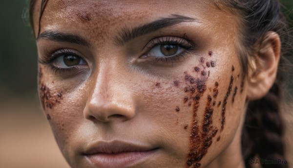 1girl,solo,looking at viewer,black hair,1boy,brown eyes,closed mouth,braid,male focus,blurry,lips,eyelashes,depth of field,blurry background,portrait,close-up,freckles,realistic,nose,eye focus,smile,tattoo,dirty