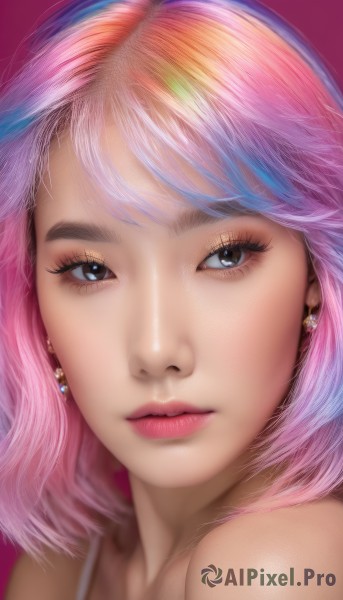 1girl,solo,looking at viewer,short hair,bangs,blue eyes,simple background,bare shoulders,jewelry,closed mouth,blue hair,pink hair,multicolored hair,earrings,black eyes,lips,grey eyes,eyelashes,gradient hair,makeup,pink background,lipstick,portrait,close-up,eyeshadow,realistic,nose,mascara,parted lips