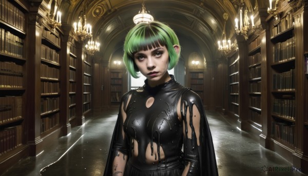 1girl,solo,breasts,looking at viewer,short hair,bangs,brown eyes,medium breasts,closed mouth,upper body,green hair,indoors,blunt bangs,cape,mole,black eyes,lips,book,clothing cutout,bodysuit,makeup,bob cut,lipstick,mole under mouth,black bodysuit,bookshelf,candle,latex,library,black lips,shiny,hair bun,single hair bun,red lips,chandelier