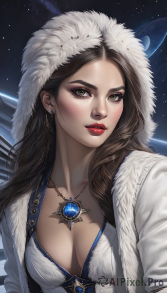 1girl,solo,long hair,breasts,looking at viewer,brown hair,dress,cleavage,brown eyes,jewelry,medium breasts,green eyes,collarbone,jacket,upper body,earrings,parted lips,open clothes,sky,hood,necklace,white dress,lips,coat,fur trim,eyelashes,makeup,lipstick,gem,star (sky),pendant,eyeshadow,starry sky,open coat,realistic,nose,white coat,red lips,eyeliner,space,planet,mascara,black hair,artist name,night,forehead,hood up,arrow (projectile),quiver