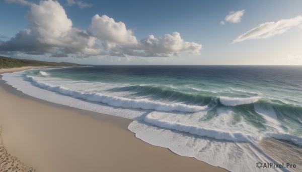 outdoors,sky,day,cloud,water,tree,blue sky,no humans,ocean,beach,cloudy sky,nature,scenery,sand,horizon,waves,shore