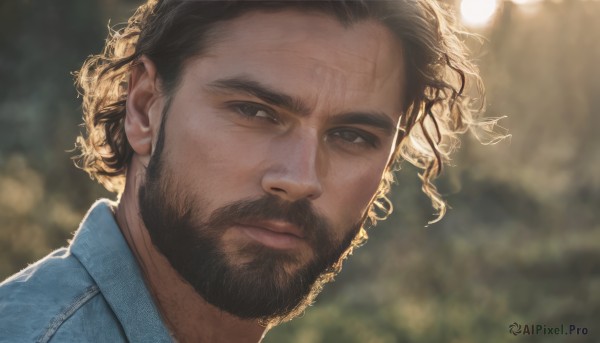 solo,looking at viewer,short hair,brown hair,shirt,black hair,1boy,brown eyes,closed mouth,male focus,outdoors,day,blurry,black eyes,depth of field,blurry background,facial hair,thick eyebrows,portrait,beard,curly hair,realistic,mustache,lips,scar,sunlight,blue shirt,denim,close-up,backlighting,nose,denim jacket