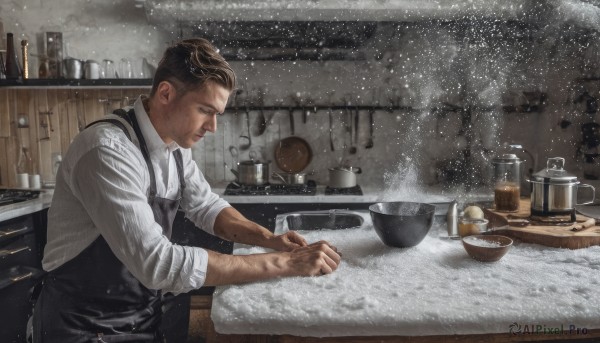 solo,short hair,brown hair,shirt,black hair,long sleeves,1boy,closed mouth,white shirt,male focus,collared shirt,indoors,apron,from side,cup,facial hair,scar,clenched hand,snow,sleeves rolled up,bowl,snowing,realistic,stubble,cooking,kitchen,arm hair,sink,black apron,counter,upper body,food,looking down,bottle,knife,undercut,coffee,stove,cutting board