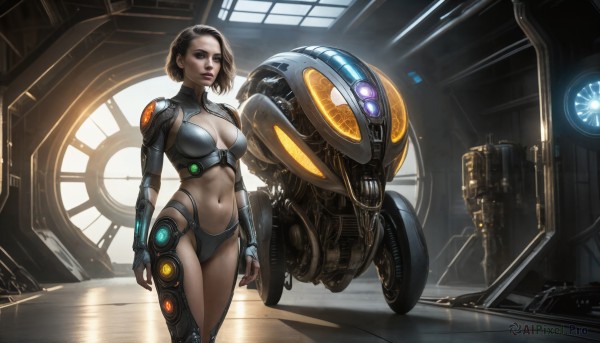 HQ,1girl,solo,breasts,looking at viewer,short hair,blue eyes,large breasts,brown hair,black hair,gloves,navel,cleavage,medium breasts,standing,midriff,indoors,signature,fingerless gloves,lips,clothing cutout,bodysuit,cleavage cutout,robot,ground vehicle,motor vehicle,science fiction,realistic,nose,motorcycle,neon trim,cyberpunk,hologram,bikini,parted lips,window,backlighting,shrug (clothing),cyborg,machine