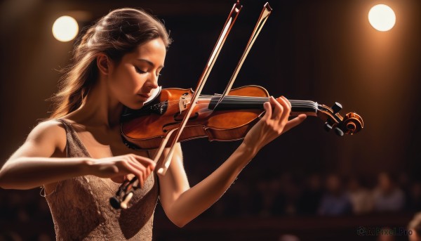 1girl,solo,long hair,blonde hair,brown hair,dress,closed eyes,upper body,sleeveless,blurry,lips,depth of field,blurry background,instrument,realistic,music,playing instrument,violin,bow (music),bare shoulders,tank top,backlighting,light