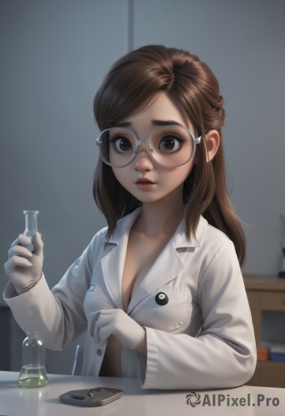 1girl,solo,long hair,breasts,looking at viewer,brown hair,gloves,long sleeves,holding,cleavage,brown eyes,medium breasts,upper body,parted lips,glasses,teeth,artist name,indoors,white gloves,blurry,lips,blurry background,half updo,pocket,realistic,round eyewear,labcoat,breast pocket,rimless eyewear,test tube,flask,bangs,nose