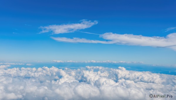 monochrome,outdoors,sky,day,cloud,blue sky,no humans,ocean,cloudy sky,scenery,blue theme,aircraft,horizon,landscape,contrail,above clouds,water