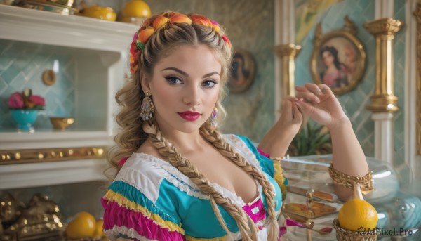 1girl,solo,long hair,breasts,looking at viewer,smile,blonde hair,brown hair,hair ornament,dress,cleavage,brown eyes,jewelry,medium breasts,closed mouth,upper body,braid,flower,short sleeves,earrings,frills,food,puffy sleeves,indoors,hand up,hair flower,nail polish,mole,blurry,twin braids,bracelet,cup,puffy short sleeves,lips,fingernails,looking to the side,eyelashes,makeup,fruit,depth of field,blurry background,blue dress,table,light smile,lipstick,gem,hair over shoulder,pink nails,plate,mirror,realistic,nose,red lips,hair pulled back,mascara,multiple braids,chalice,blue eyes,long sleeves,collarbone,hairband,water,forehead,eyeshadow,pink lips,cherry,orange (fruit),orange slice