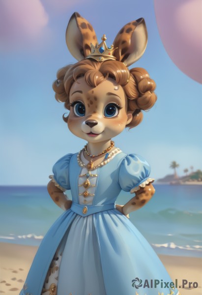 1girl,solo,looking at viewer,blush,smile,short hair,open mouth,blue eyes,brown hair,hair ornament,dress,animal ears,jewelry,standing,short sleeves,cowboy shot,outdoors,sky,day,puffy sleeves,artist name,cloud,water,necklace,hair bun,blurry,flat chest,tree,blue sky,puffy short sleeves,double bun,:3,depth of field,blurry background,blue dress,ocean,beach,arms behind back,happy,tiara,crown,child,furry,sand,palm tree,furry female,female child,balloon,body fur,animal nose,pearl necklace,snout,braid,eyelashes,freckles