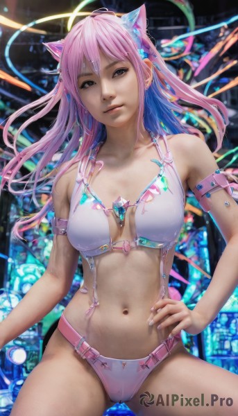 1girl,solo,long hair,breasts,looking at viewer,navel,animal ears,cleavage,brown eyes,medium breasts,underwear,collarbone,swimsuit,pink hair,bikini,multicolored hair,cat ears,nail polish,lips,hand on hip,halo,science fiction,realistic,fake animal ears,watermark,white bikini,cable,cat ear headphones,cyberpunk