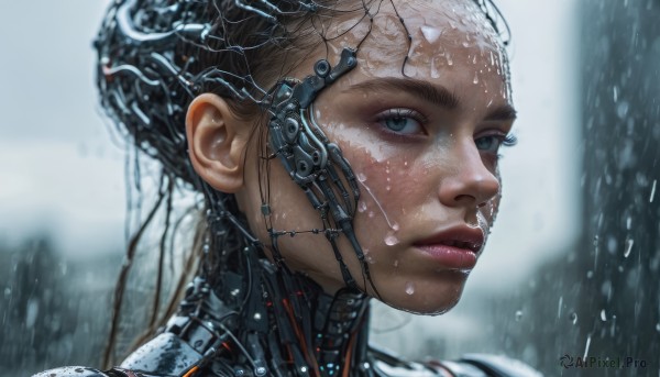 1girl, solo, looking at viewer, blue eyes, brown hair, dark skin, blurry, lips, wet, grey eyes, expressionless, portrait, science fiction, rain, realistic, nose, android, cable, cyberpunk