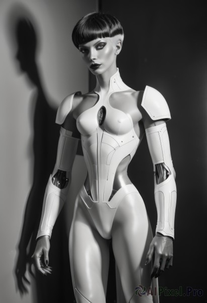 1girl,solo,breasts,looking at viewer,short hair,bangs,jewelry,medium breasts,standing,monochrome,greyscale,cowboy shot,earrings,small breasts,blunt bangs,armor,covered nipples,lips,eyelashes,bodysuit,makeup,shadow,lipstick,shoulder armor,skin tight,science fiction,pauldrons,realistic,nose,arms at sides,stud earrings,cyborg,robot joints,signature,very short hair,shoulder pads