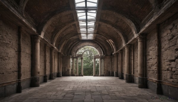 day,indoors,tree,no humans,window,sunlight,scenery,stairs,architecture,ruins,pillar,hallway,church,arch,column,stone floor,plant,fantasy,wall,stone wall,brick floor