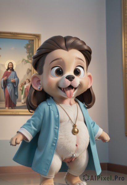 1girl,long hair,smile,open mouth,multiple girls,brown hair,1boy,navel,brown eyes,jewelry,standing,nude,earrings,censored,open clothes,pussy,tongue,indoors,tongue out,necklace,flat chest,loli,piercing,furry,freckles,robe,navel piercing,painting (object),solo,looking at viewer,animal ears,nipples,jacket,full body,multiple boys,barefoot,uncensored,facial hair,fangs,blue jacket,claws,pendant,furry female,brown fur,furrification,portrait (object)