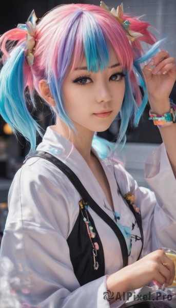 1girl,solo,looking at viewer,bangs,shirt,hair ornament,long sleeves,holding,twintails,jewelry,closed mouth,blue hair,white shirt,upper body,pink hair,multicolored hair,artist name,indoors,hand up,medium hair,nail polish,blurry,black eyes,bracelet,two-tone hair,lips,fingernails,grey eyes,eyelashes,aqua hair,makeup,blurry background,short twintails,realistic,nose,short hair,blue eyes,jacket,ring,white jacket,watch,wristwatch