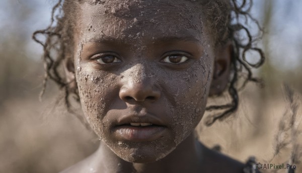 solo,looking at viewer,short hair,1boy,brown eyes,male focus,parted lips,teeth,dark skin,blurry,dark-skinned female,lips,blurry background,dark-skinned male,portrait,realistic,very dark skin,dreadlocks,black hair,close-up,very short hair