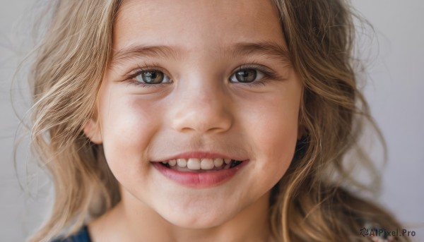 1girl,solo,long hair,looking at viewer,smile,open mouth,blonde hair,simple background,brown hair,brown eyes,teeth,grey background,blurry,lips,depth of field,portrait,realistic,nose,blue eyes,grin,eyelashes,parody,close-up