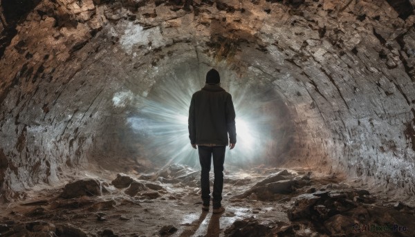 solo,short hair,black hair,long sleeves,1boy,standing,jacket,full body,male focus,outdoors,shoes,pants,hood,water,from behind,black jacket,hoodie,beach,black pants,scenery,walking,rock,sand,arms at sides,facing away,wide shot,waves,barefoot,ocean,sunlight,hood down