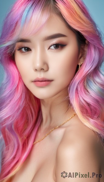 1girl,solo,long hair,breasts,looking at viewer,bangs,simple background,cleavage,bare shoulders,brown eyes,jewelry,medium breasts,closed mouth,upper body,pink hair,nude,multicolored hair,earrings,necklace,black eyes,two-tone hair,lips,streaked hair,eyelashes,makeup,blue background,piercing,portrait,eyeshadow,realistic,nose,large breasts