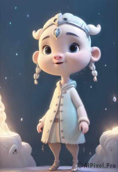 1girl,solo,looking at viewer,smile,open mouth,blue eyes,dress,animal ears,standing,full body,braid,belt,artist name,black eyes,twin braids,buttons,tiara,child,furry,circlet,furry female,female child,pig,buck teeth,pig ears