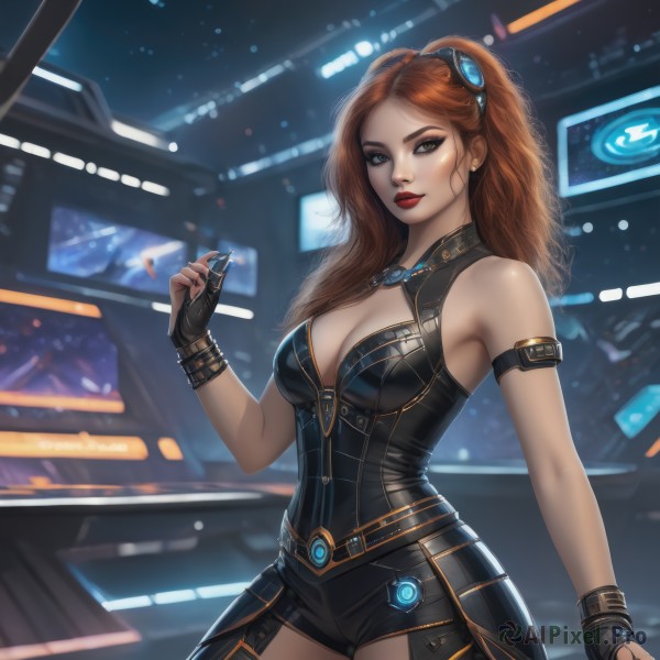 1girl,solo,long hair,breasts,looking at viewer,blue eyes,large breasts,brown hair,hair ornament,gloves,cleavage,bare shoulders,jewelry,medium breasts,standing,ponytail,cowboy shot,earrings,shorts,sleeveless,black gloves,belt,fingerless gloves,nail polish,orange hair,blurry,lips,clothing cutout,makeup,blurry background,heterochromia,cleavage cutout,lipstick,black nails,armlet,science fiction,realistic,red lips,arm strap,holographic interface,closed mouth,red hair,armor,bodysuit,wavy hair,goggles,freckles,goggles on head