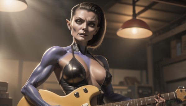 1girl,solo,breasts,short hair,brown hair,black hair,cleavage,brown eyes,jewelry,medium breasts,upper body,pointy ears,indoors,covered nipples,lips,bodysuit,instrument,skin tight,realistic,nose,guitar,playing instrument,holding instrument,latex,electric guitar,looking at viewer,large breasts,green eyes,yellow eyes,shiny,shiny skin,elf