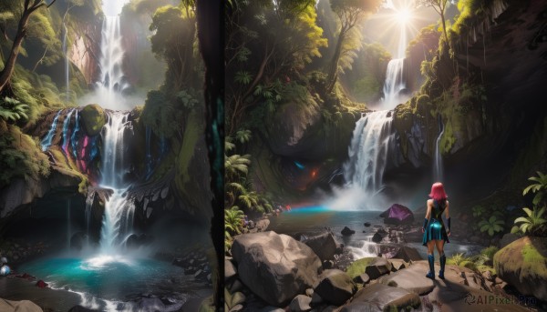 1girl,solo,short hair,skirt,gloves,standing,weapon,pink hair,red hair,boots,outdoors,elbow gloves,water,from behind,tree,sunlight,knee boots,plant,nature,scenery,forest,light rays,rock,sunbeam,rainbow,river,waterfall,cave,moss,stream,long hair,day,bag,facing away,wide shot